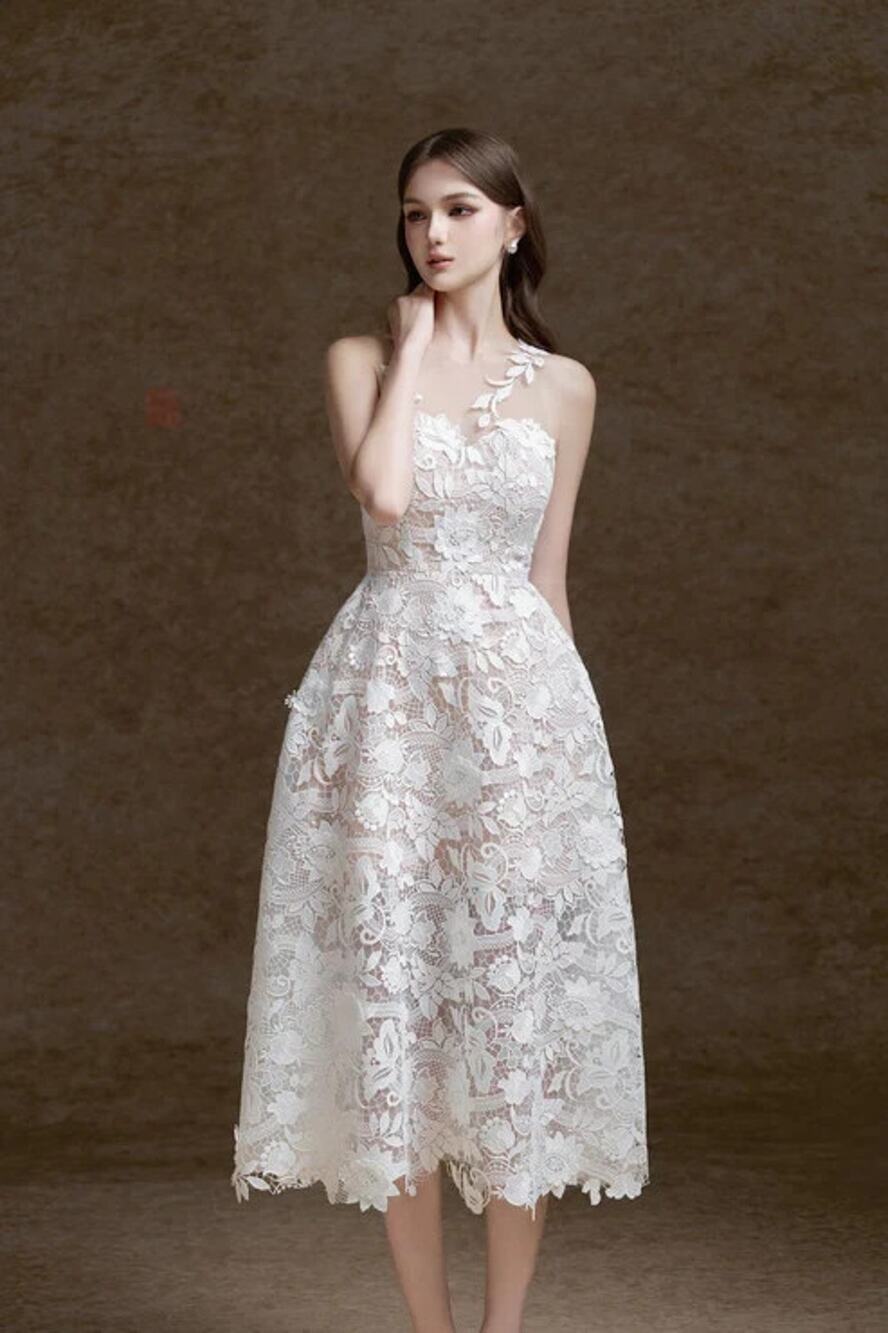 Vincent White Lace Illusion Dress 8 NWT